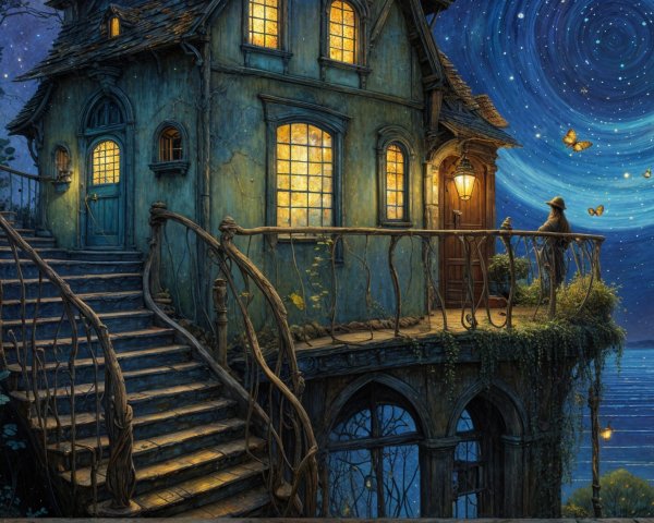 Whimsical House on a Cliff Under Starry Night Sky