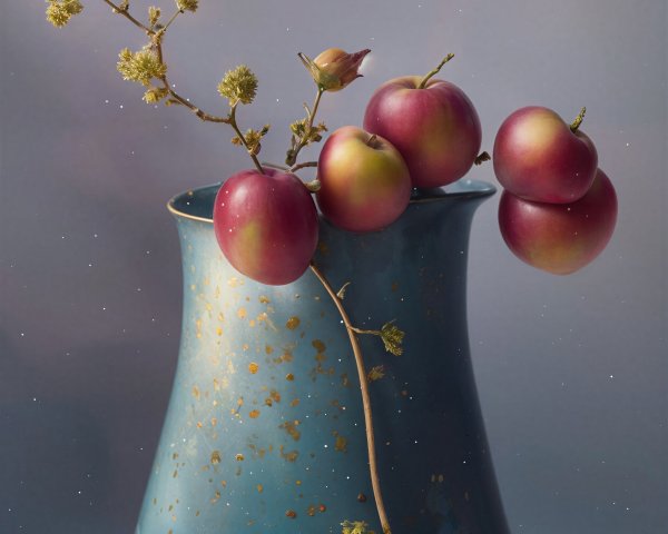 Turquoise Ceramic Vase with Red Apples and Greenery