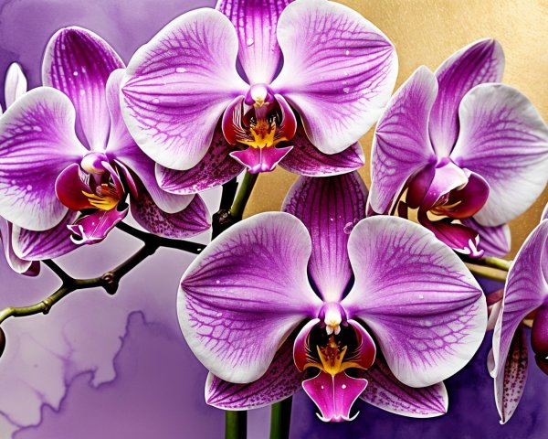 Vibrant Purple Orchids Against a Golden Backdrop