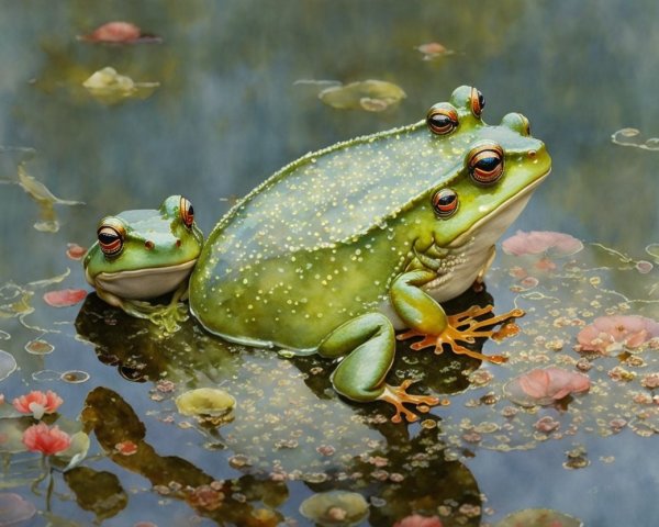 Vibrant Frogs on Lily Pads in a Serene Pond Scene