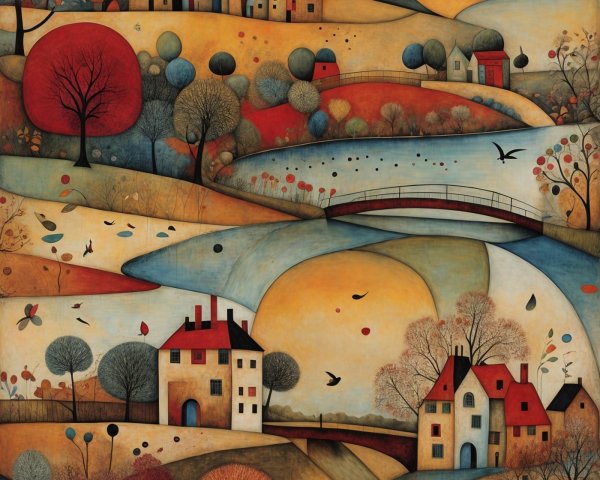 Whimsical Landscape with Vibrant Trees and River