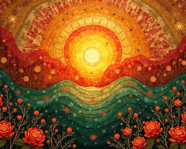 Vibrant Surreal Landscape with Radiant Sunrise and Flowers