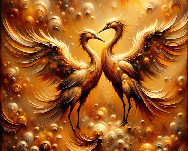 Elegant birds with gold and orange feathery plumage