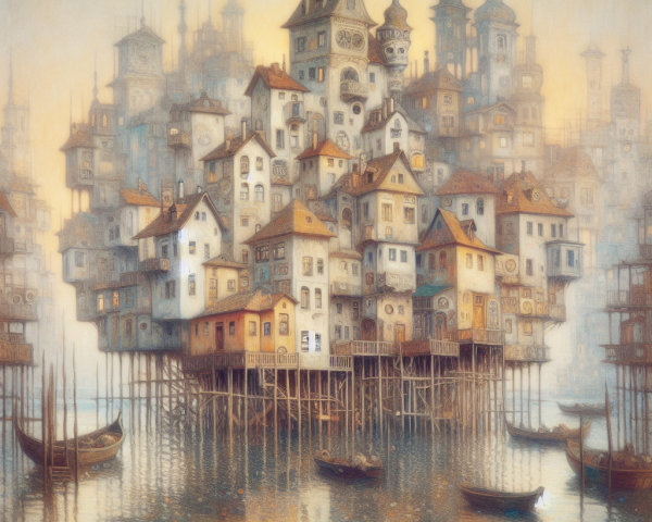 Whimsical Cityscape on Stilts Above Calm Waters