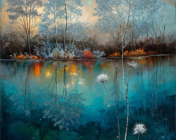 Serene Landscape with Tranquil Lake and Frosted Trees