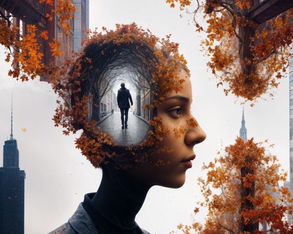 Surreal Urban Landscape with Woman and Autumn Leaves