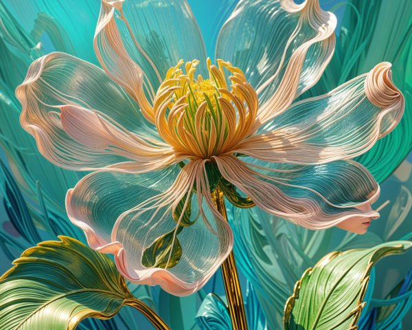 Ethereal flower with pastel petals on blue background