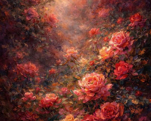 Impressionistic Oil Painting of a Vibrant Rose Garden