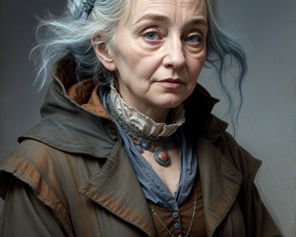 Mature Woman with Grayish-Blue Hair and Earthy Outfit