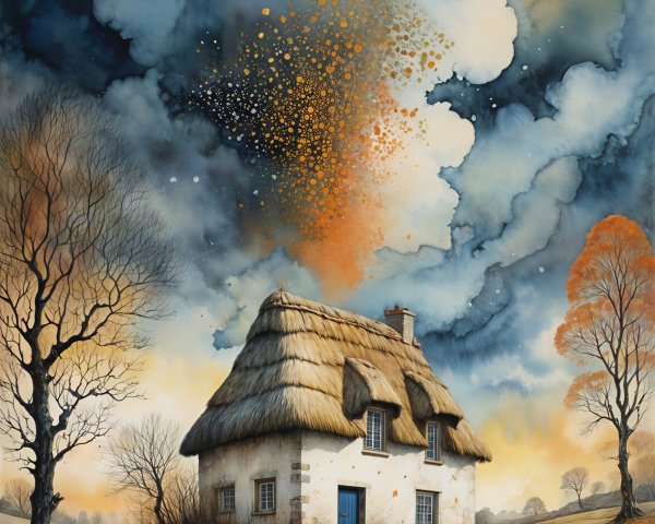 Whimsical Cottage in an Orange Landscape with Clouds