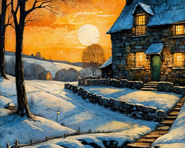 Cozy Stone Cottage in Snowy Landscape at Sunset