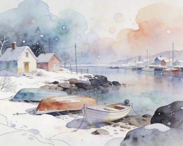 Winter Village Scene with Watercolor and Snowy Landscape