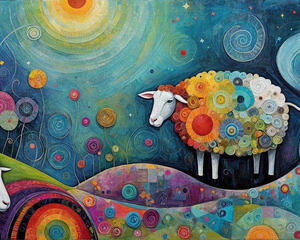 Whimsical Landscape with Colorful Sheep and Flowers