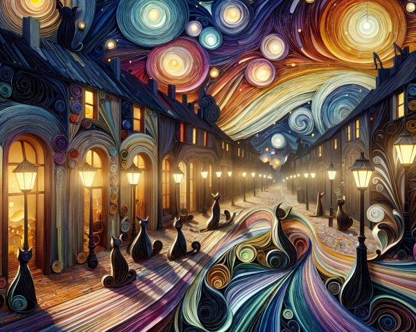 Whimsical Night Street Scene with Colorful Cats