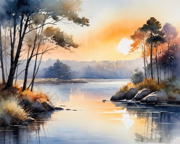 Serene Sunset Reflection on Calm Water Landscape