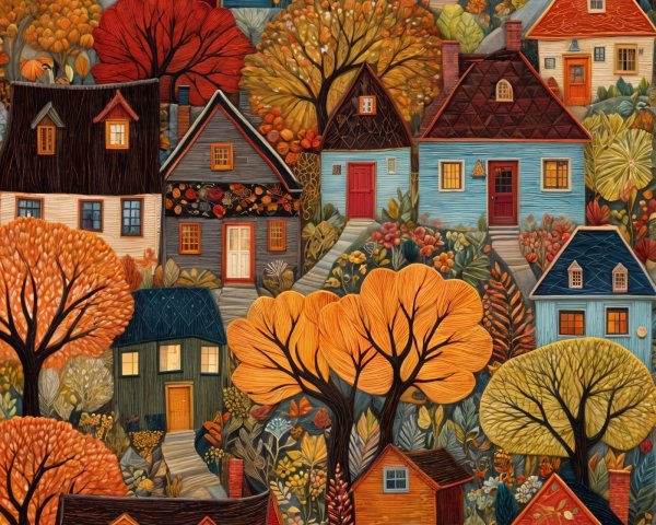 Vibrant Autumn Landscape with Charming Neighborhood Homes