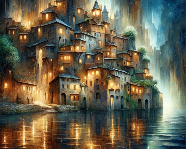 Nighttime View of a Hillside Village with Lights