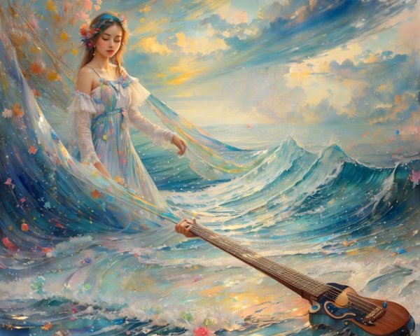 Young Woman in Ethereal Dress Amid Ocean Waves