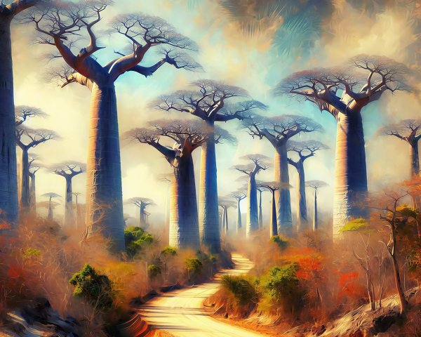 Winding Dirt Road Surrounded by Ancient Baobab Trees
