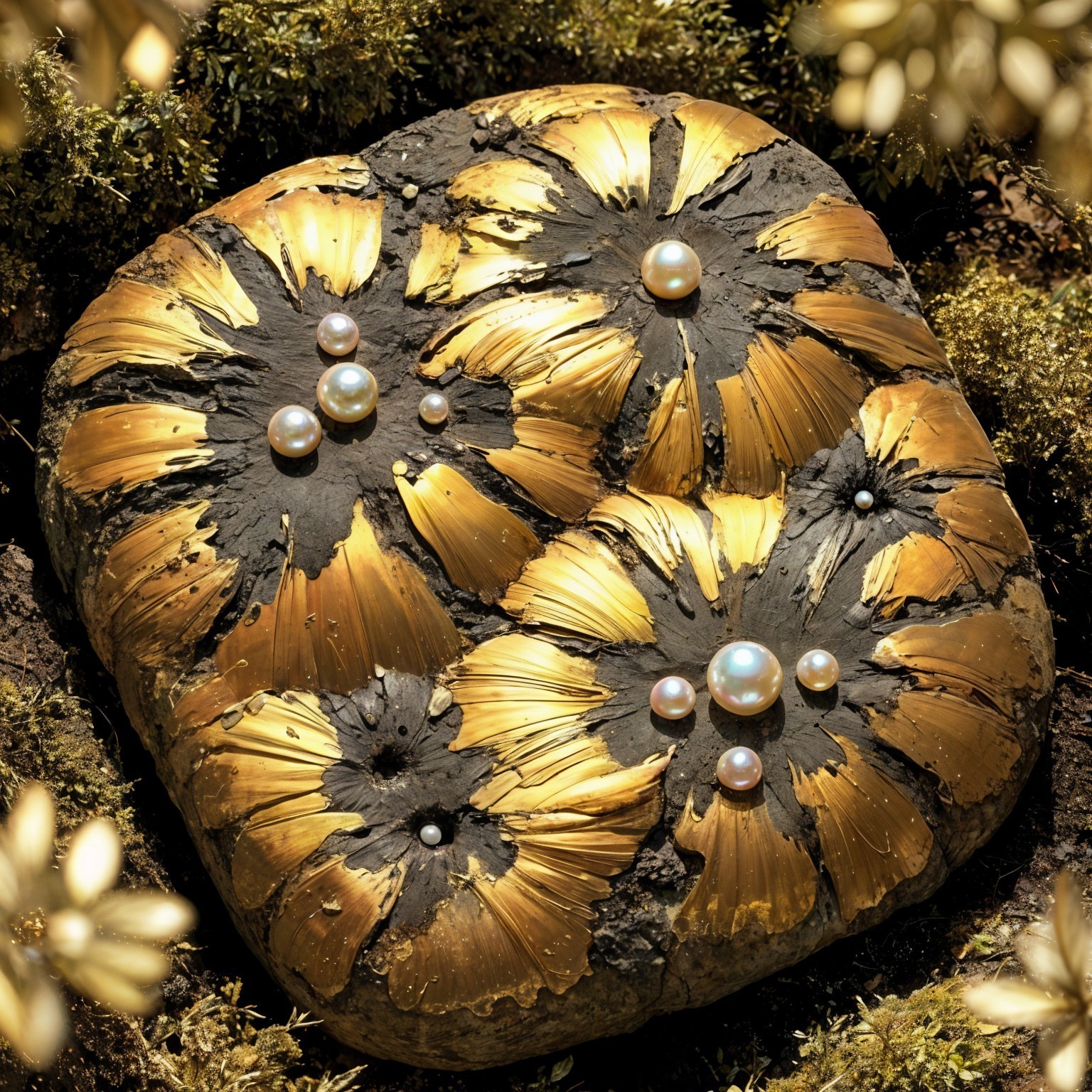 Textured Stone Surface with Golden Floral Patterns