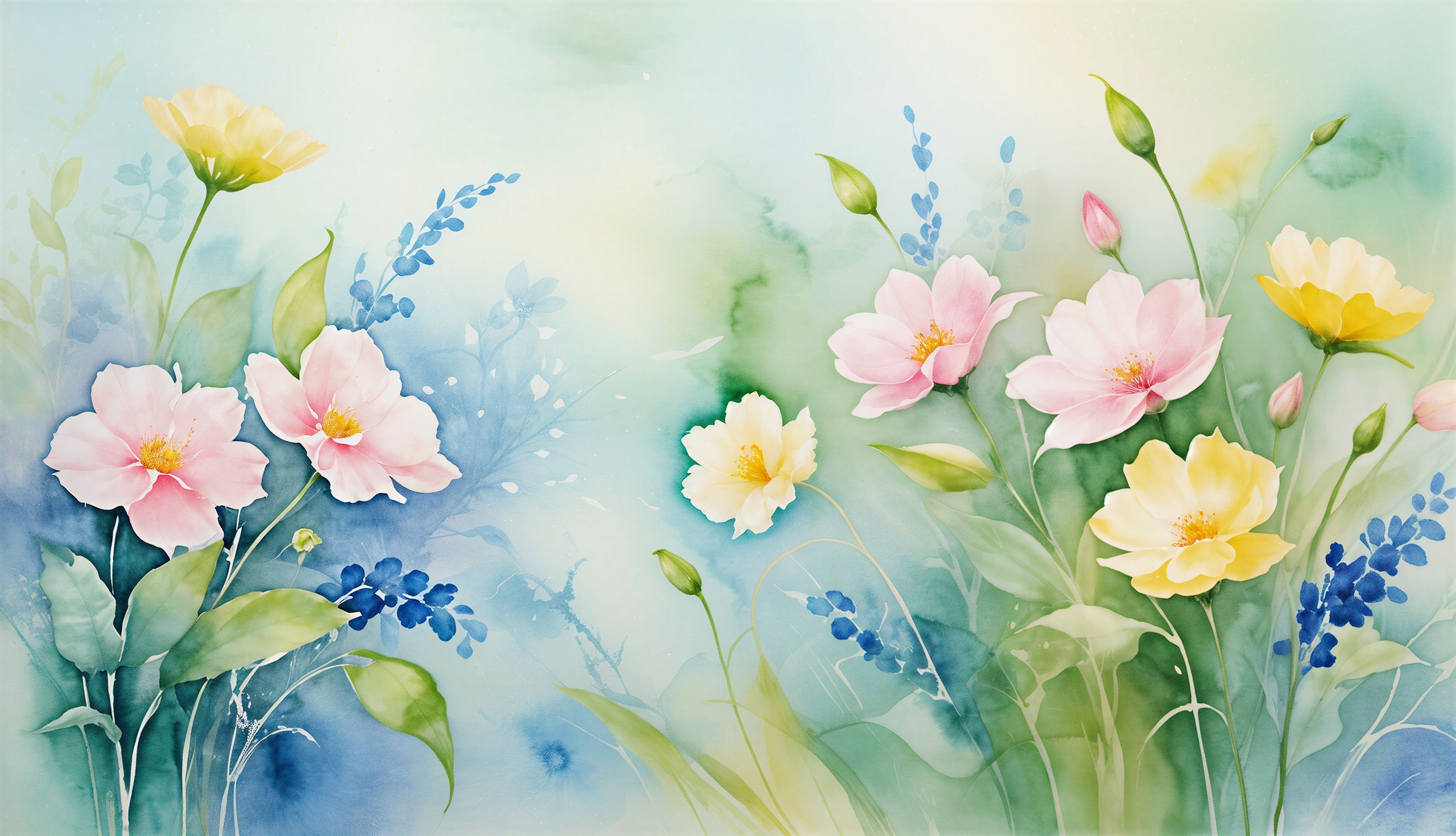 Vibrant Garden Watercolor Painting in Pastel Tones