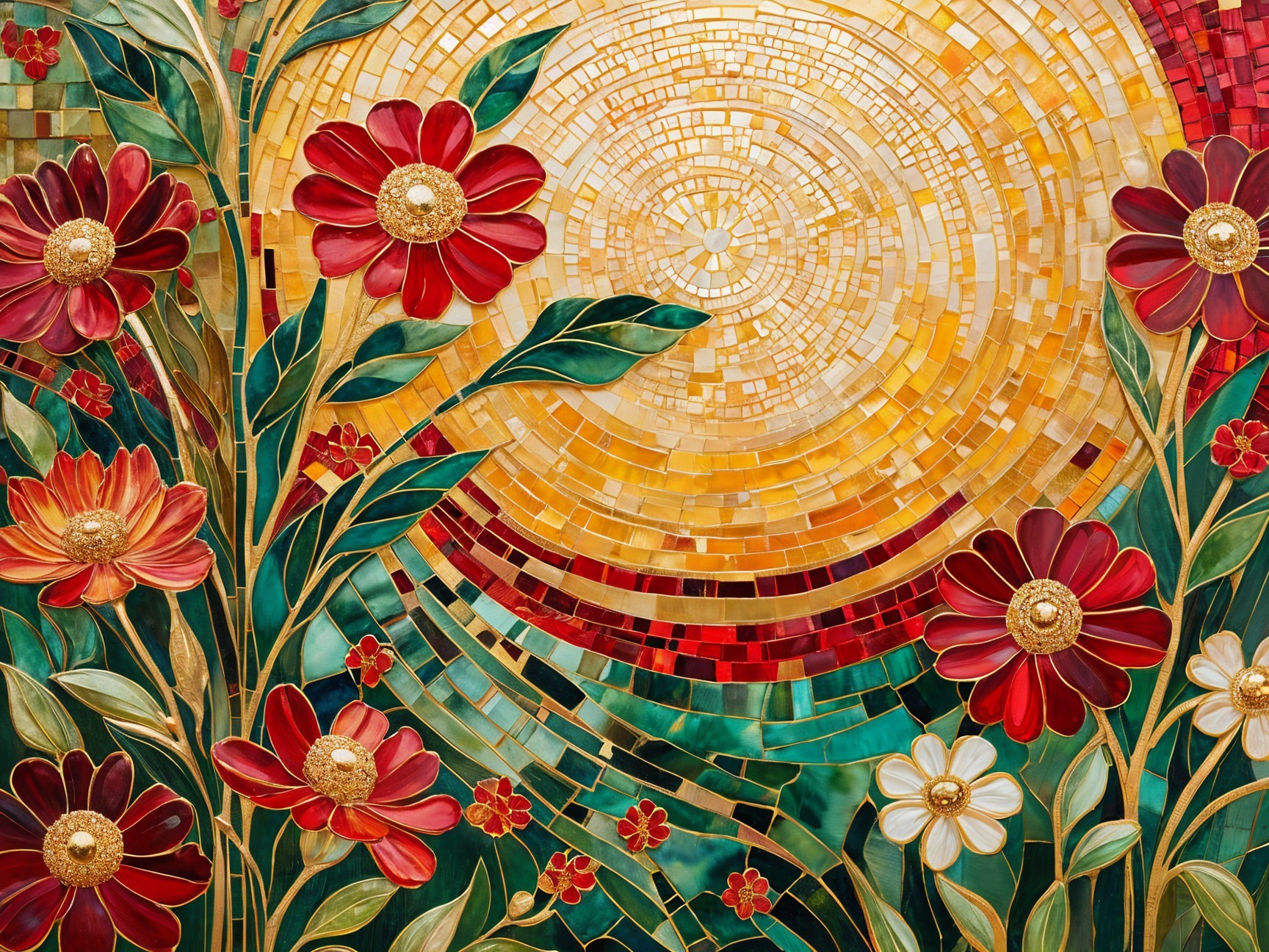 Vibrant Mosaic Artwork with Sun, Leaves, and Flowers
