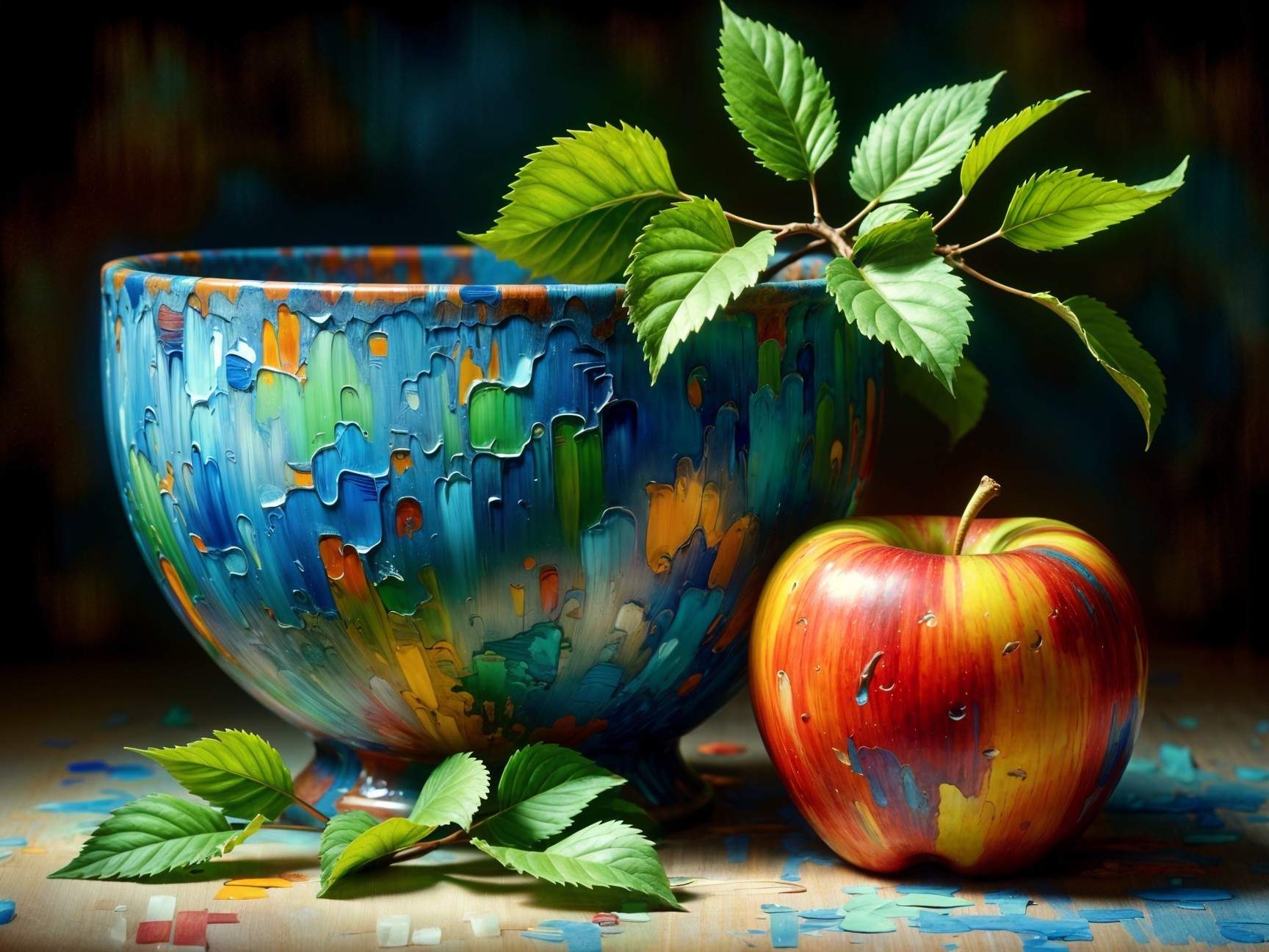 Ceramic Bowl with Apple on Wooden Surface in Soft Light