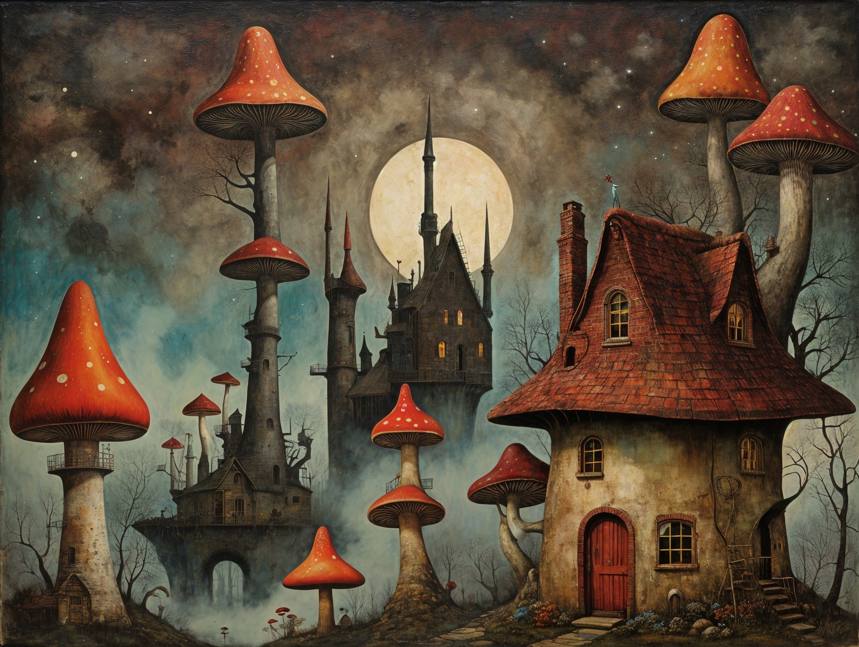 Surreal Landscape with Oversized Mushrooms and Castles