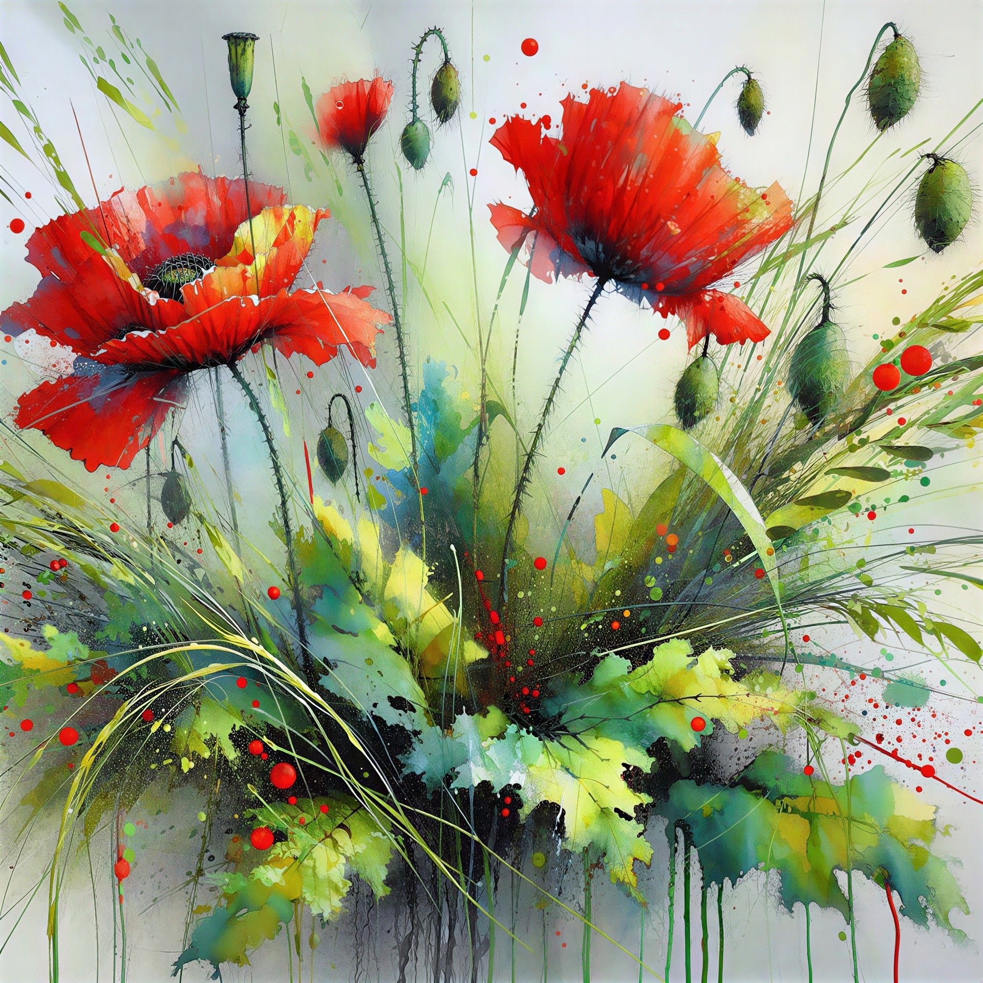 Watercolor painting of red poppies and green foliage