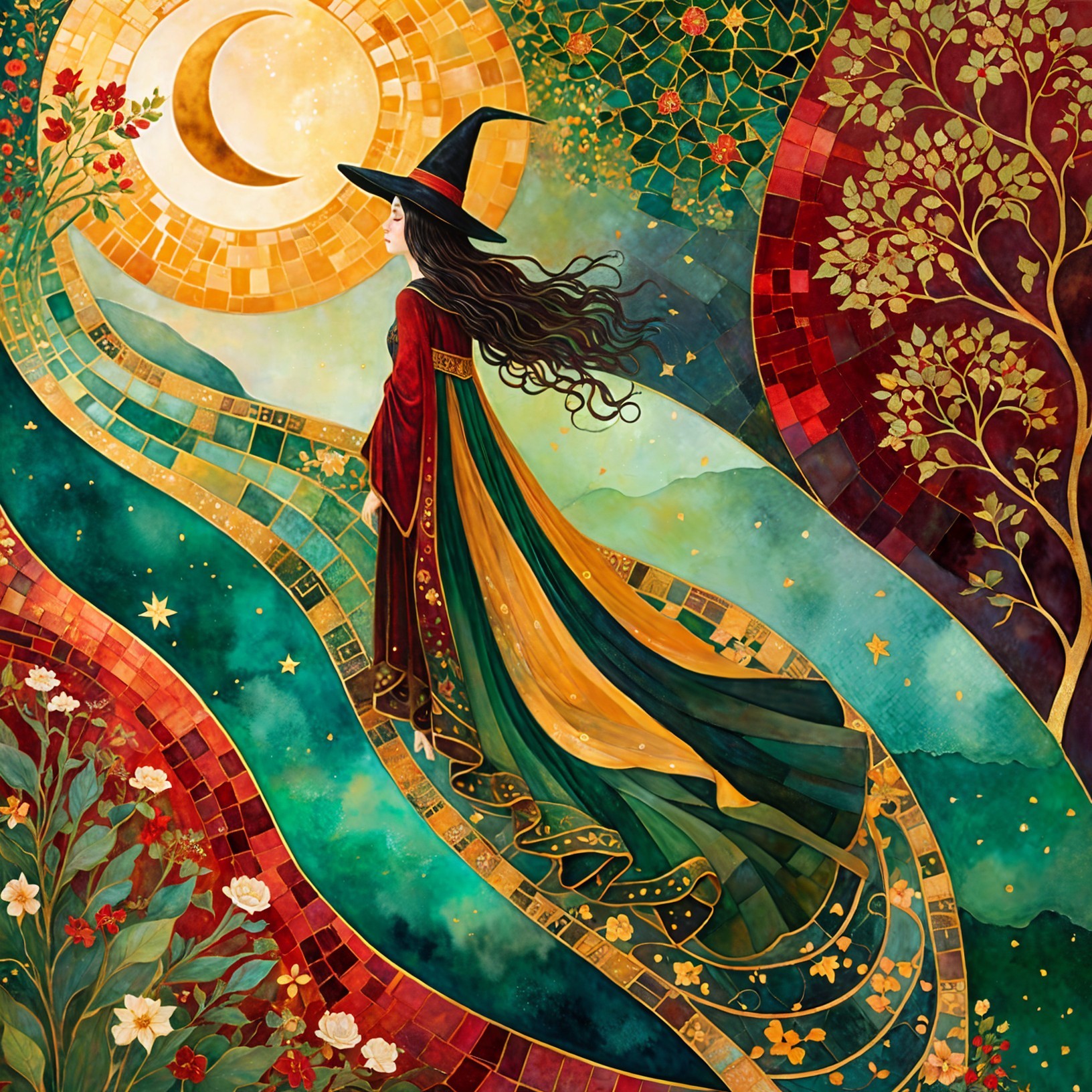 Witch Walking on a Colorful Winding Path at Night