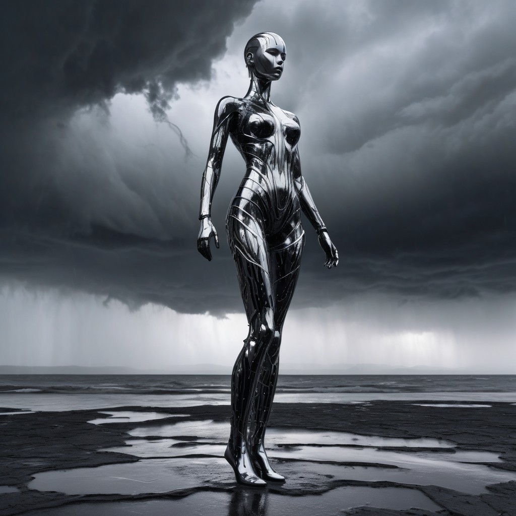 Chrome Humanoid Figure on Wet Surface Under Stormy Sky