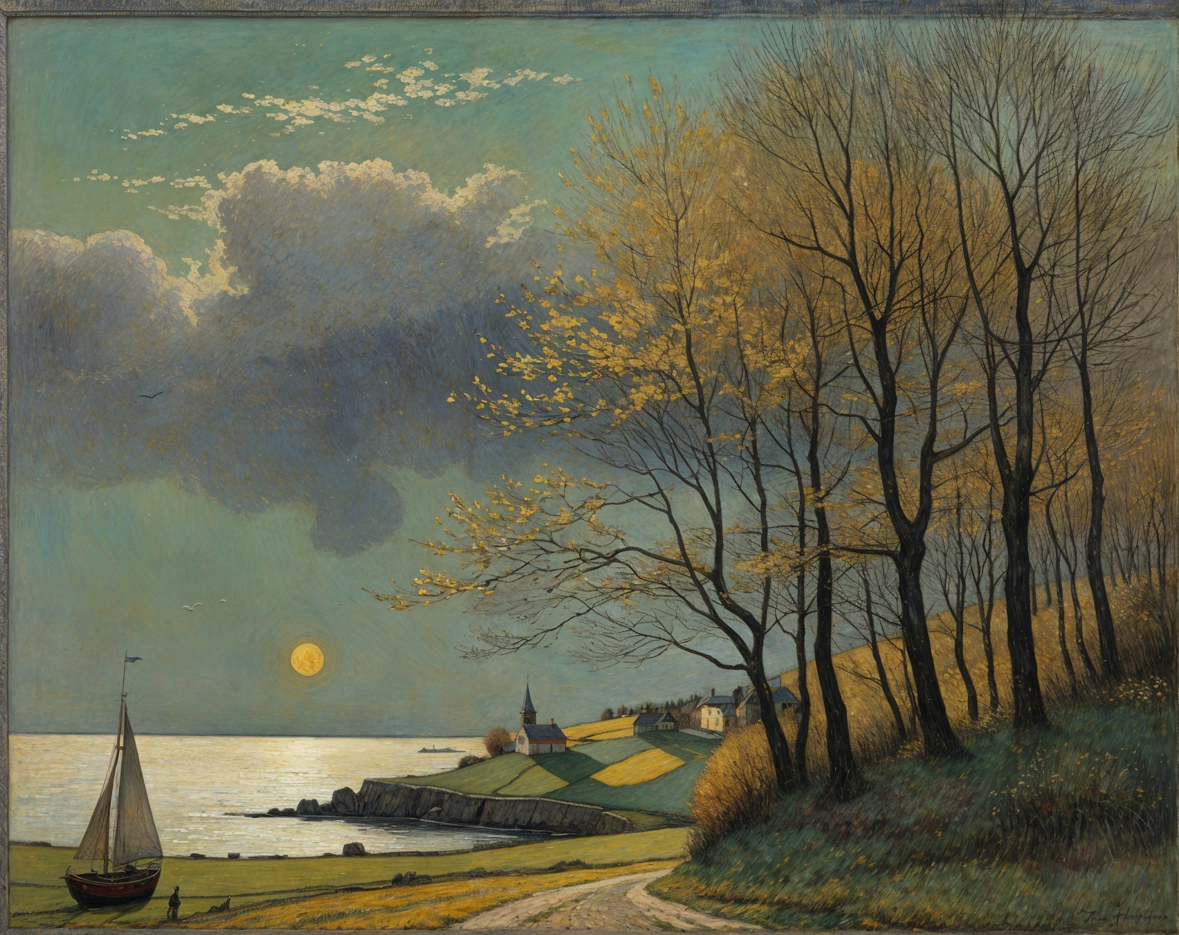 Serene Coastal Scene at Dusk with Sailboat and Trees