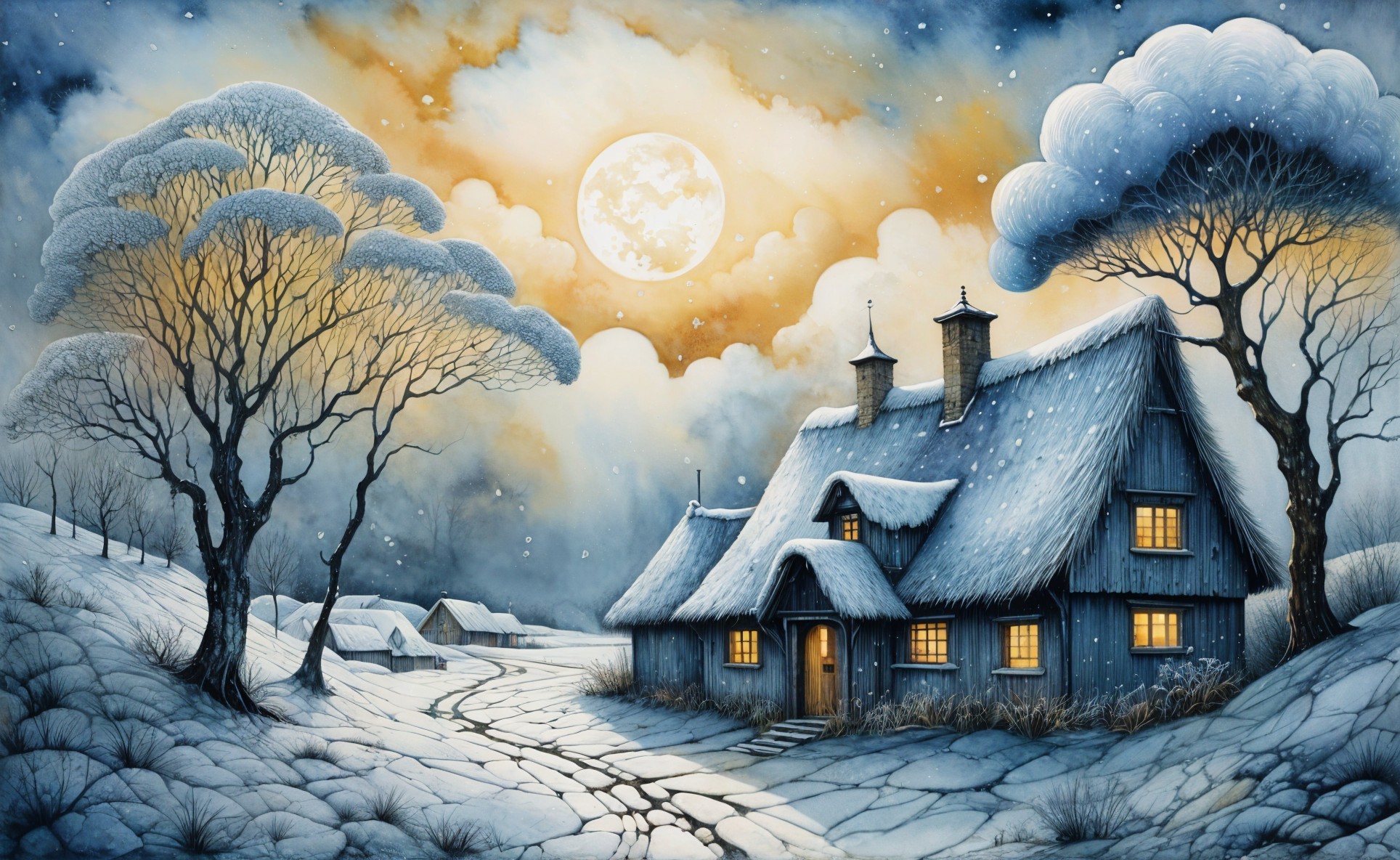 Cozy Thatched-Roof Cottage in a Snowy Landscape