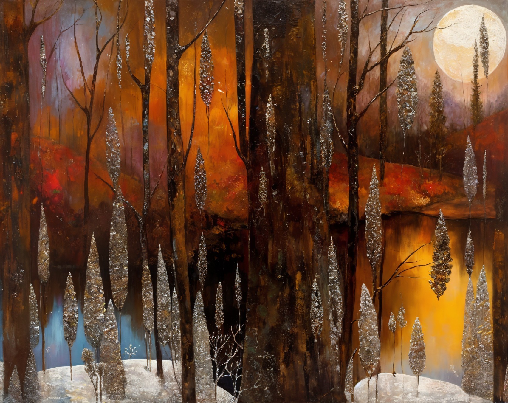 Surreal Forest Scene with Moonlit Water Reflections