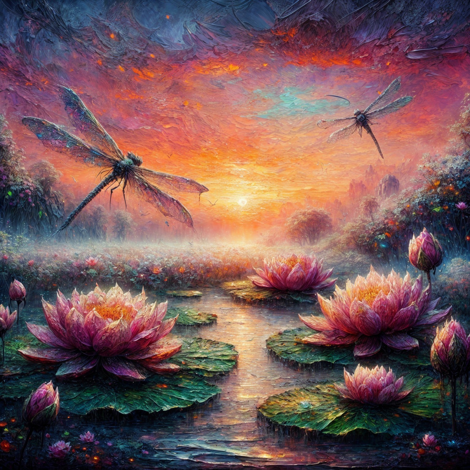 Vibrant Sunset Over Serene Pond with Lotus Flowers