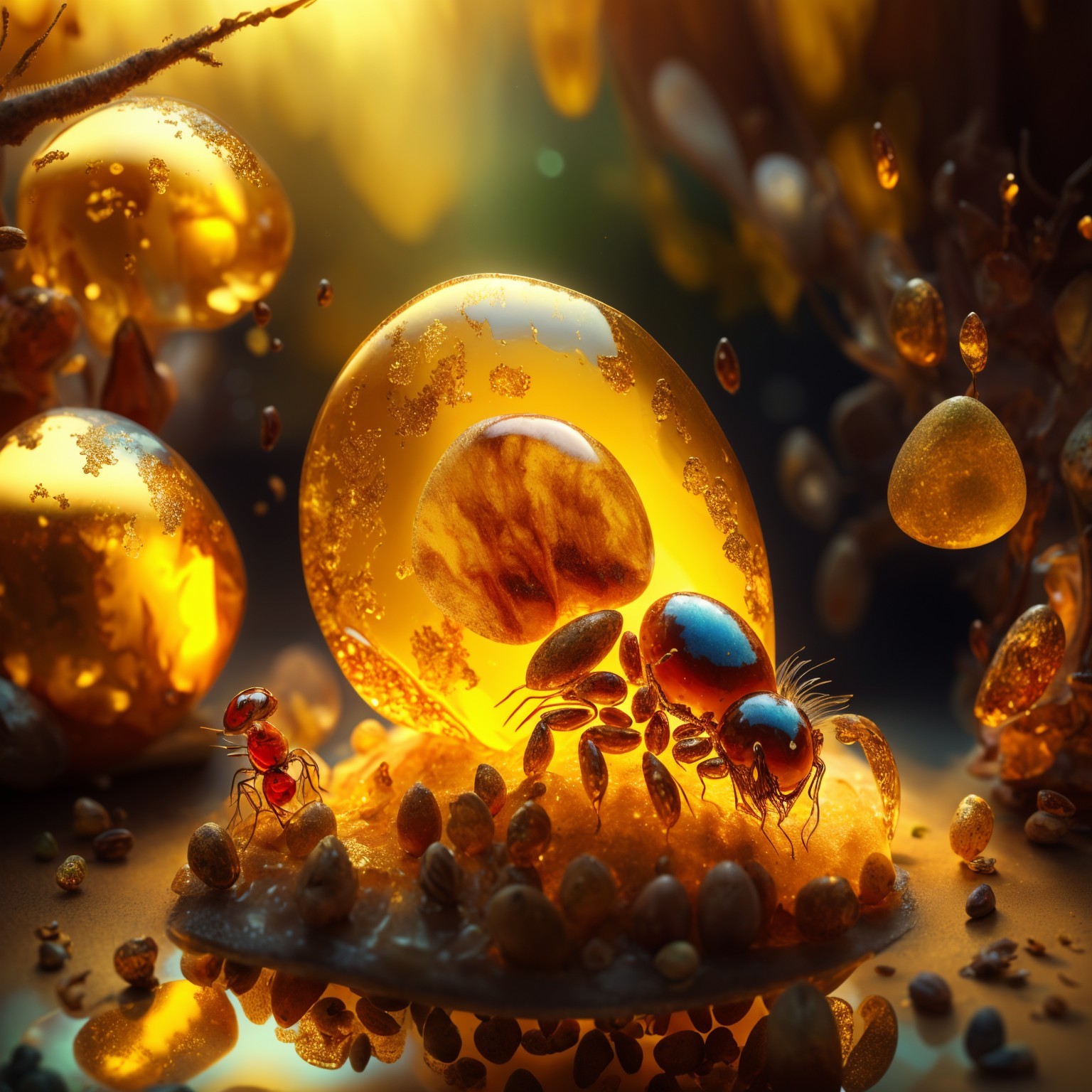 Amber Droplets with Insects and Botanical Fragments