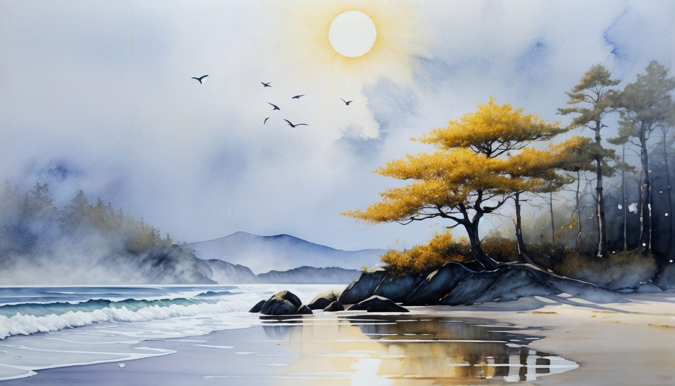 Serene Coastal Scene with Beach and Misty Mountains
