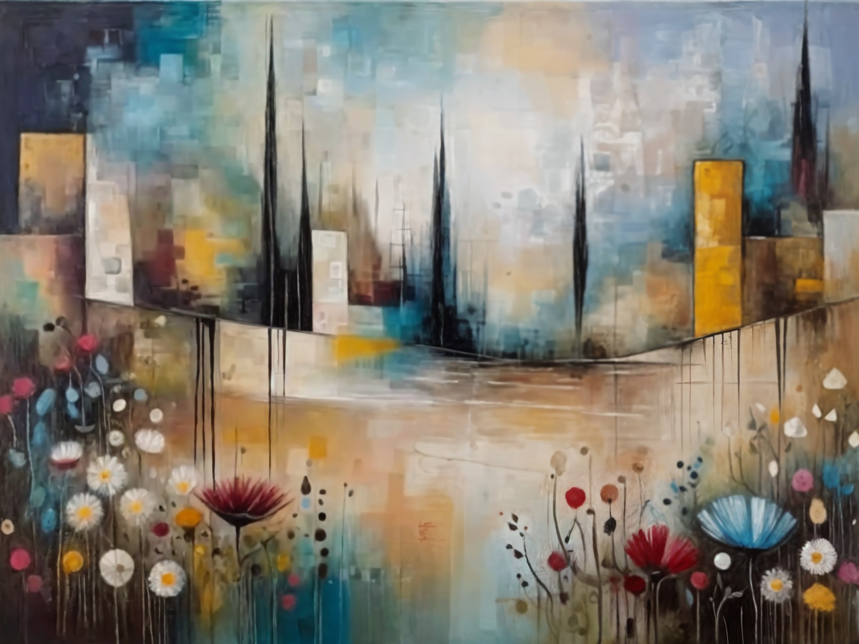 Abstract Cityscape with Spires and Colorful Sky