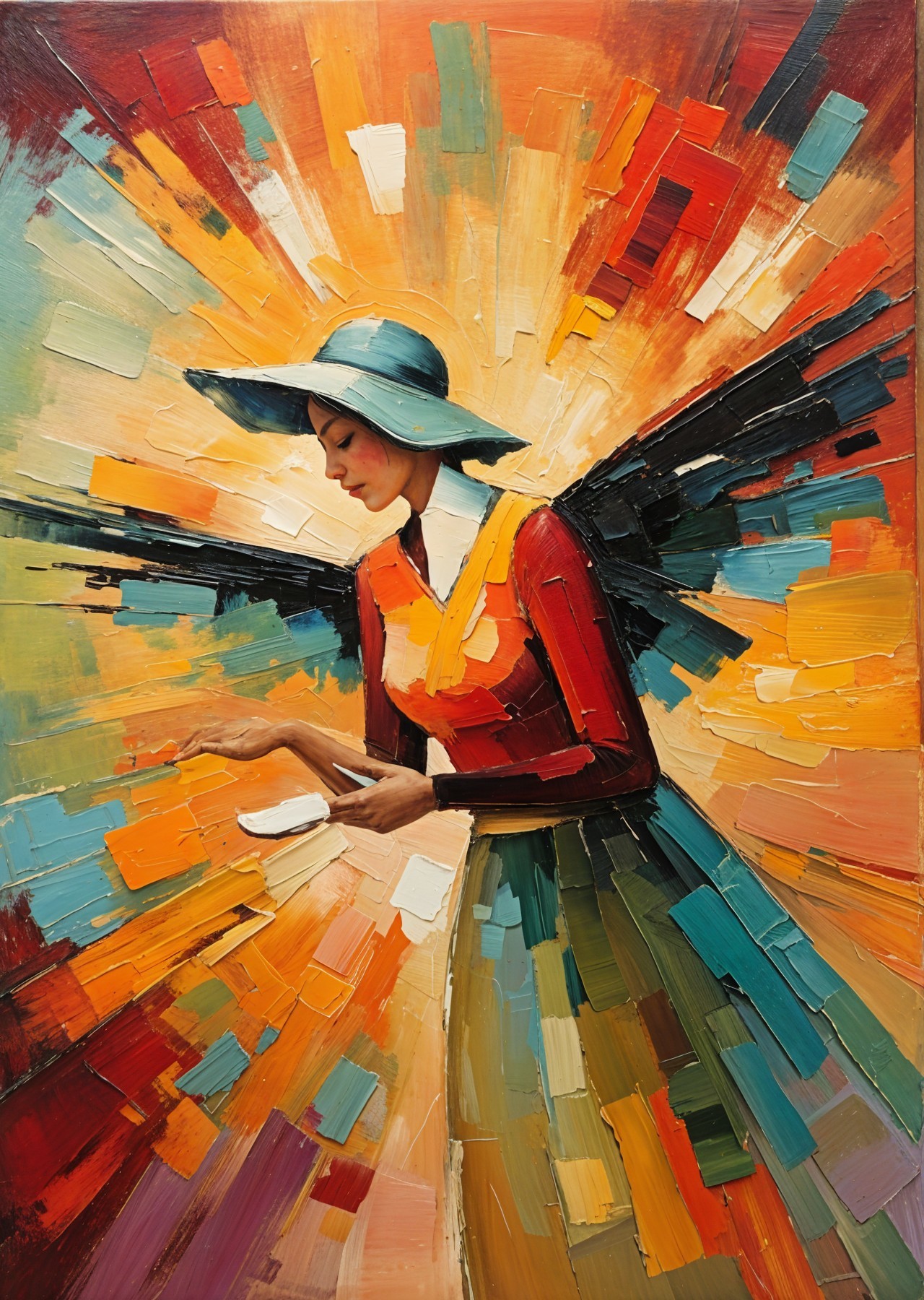 Woman in Blue Hat with Black Wings in Colorful Setting