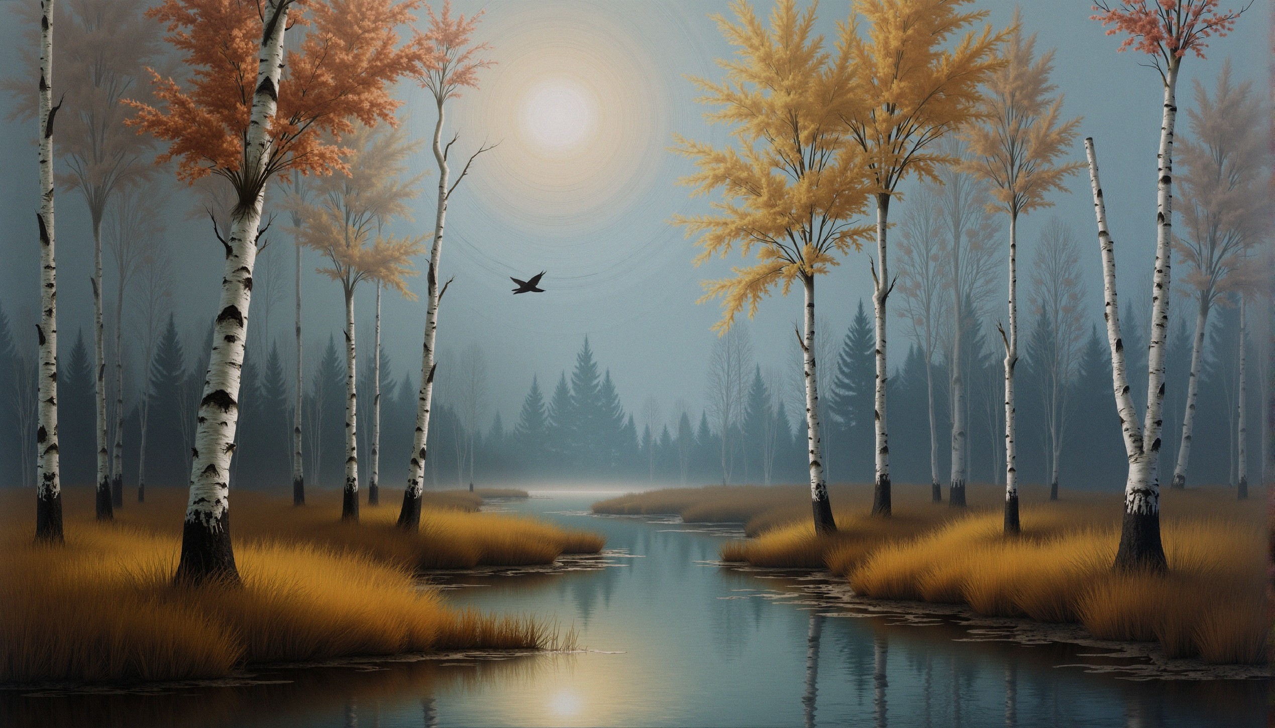 Serene Autumn Landscape with Birch Trees and River