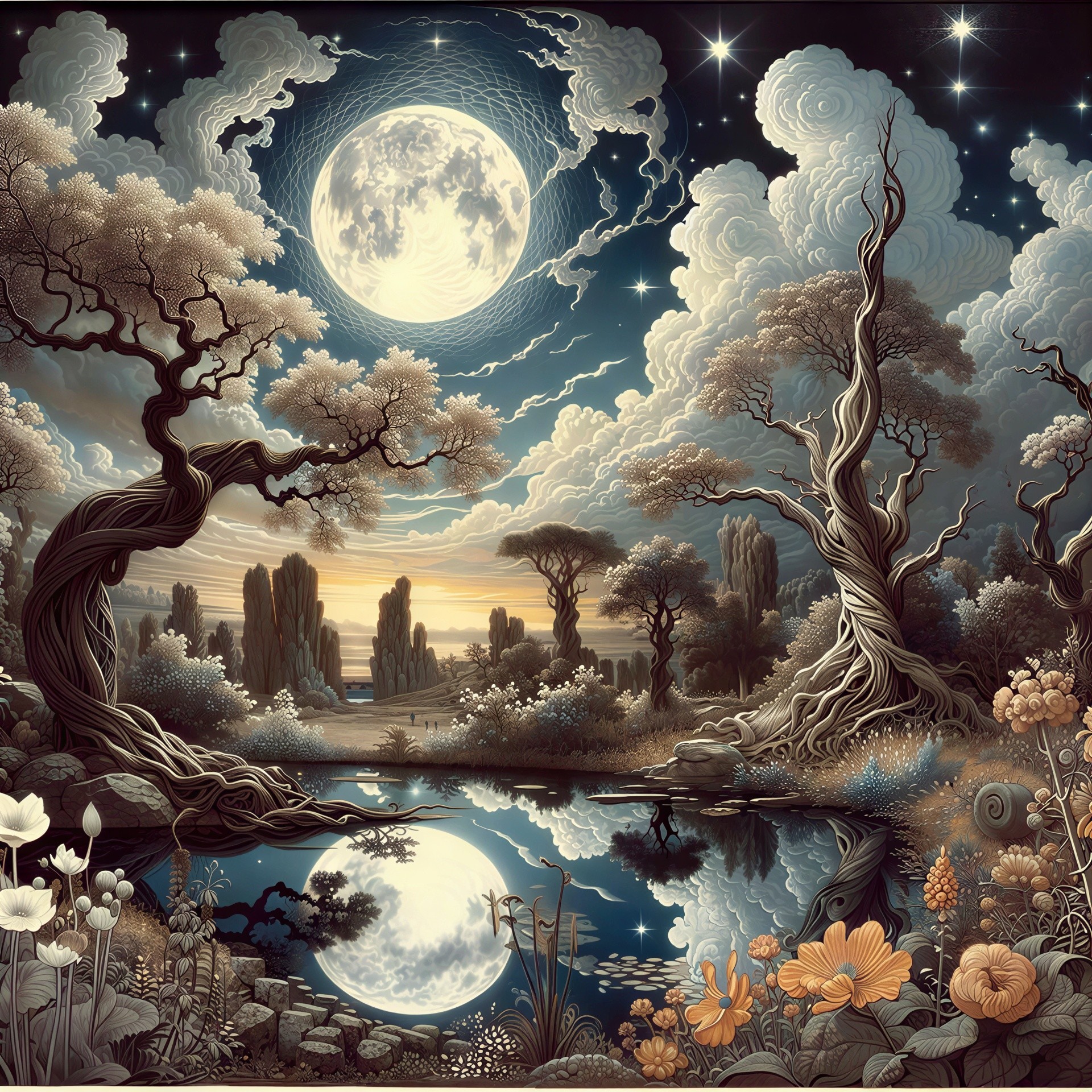 Surreal Fantasy Landscape with Luminous Full Moon