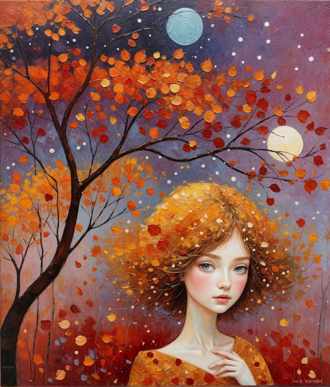 Young girl with orange hair in autumn leaves scene