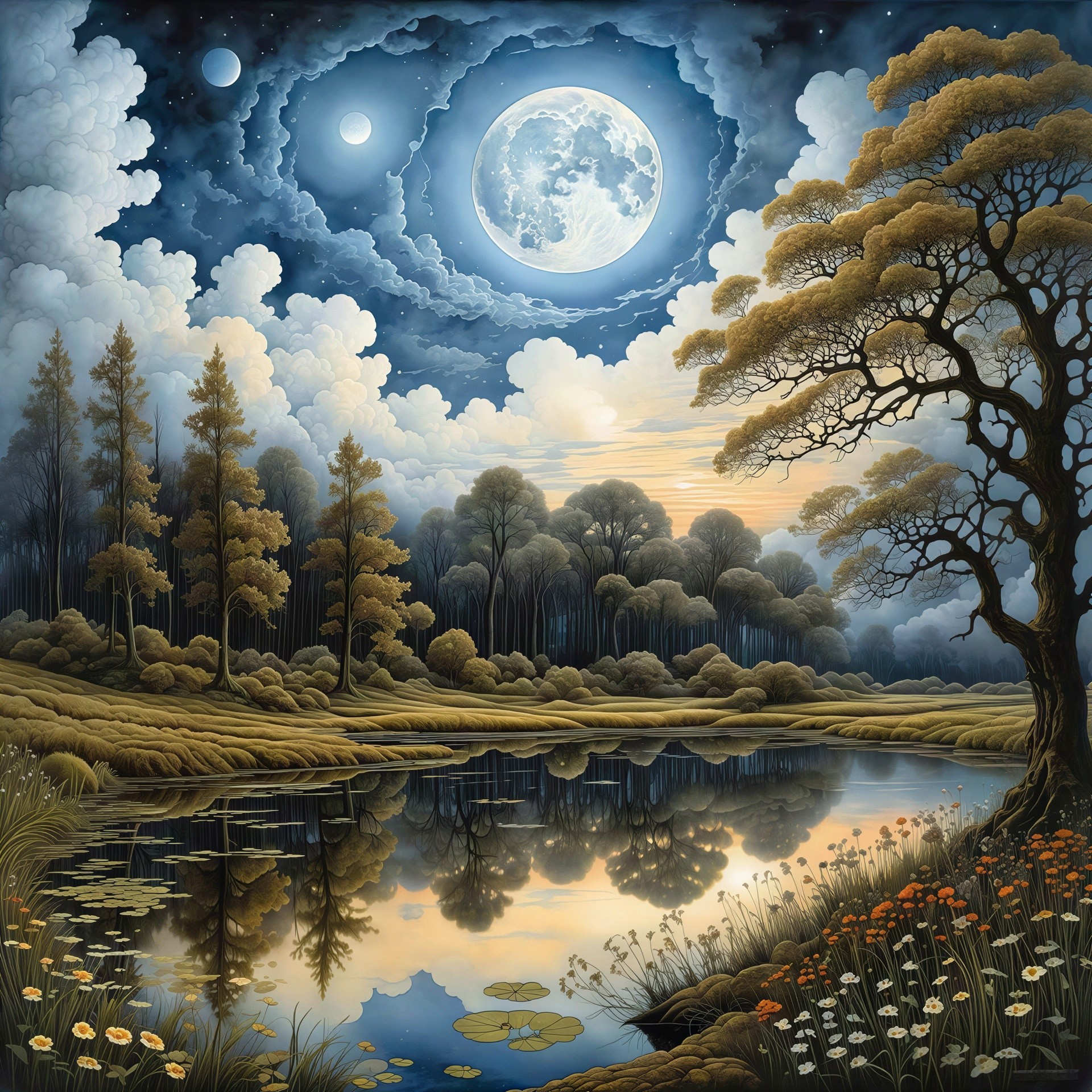 Mesmerizing Night Landscape with Full Moon and Water