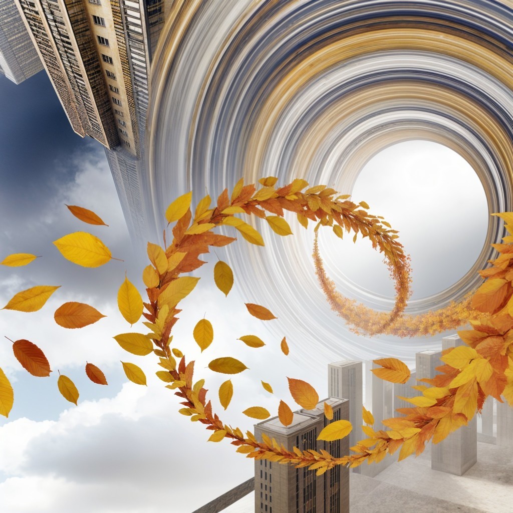 Surreal Landscape with Swirling Autumn Leaves and Skyscrapers