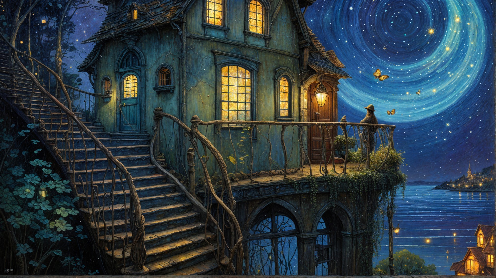 Whimsical House on a Cliff Under Starry Night Sky