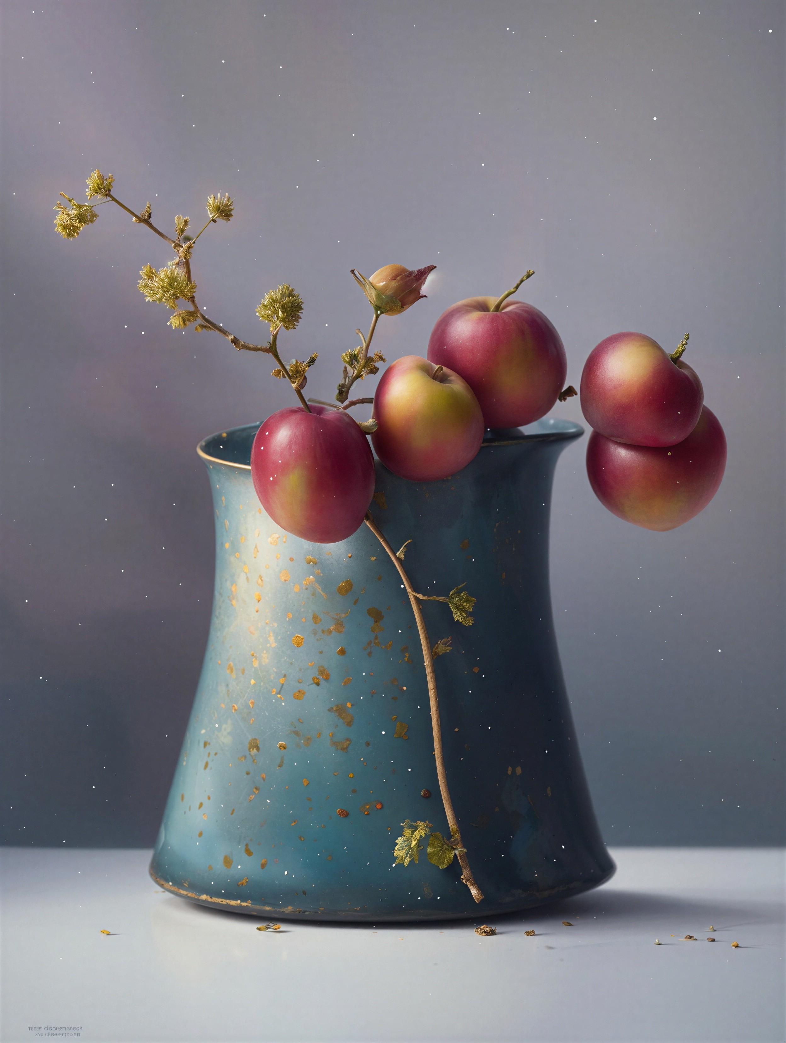 Turquoise Ceramic Vase with Red Apples and Greenery
