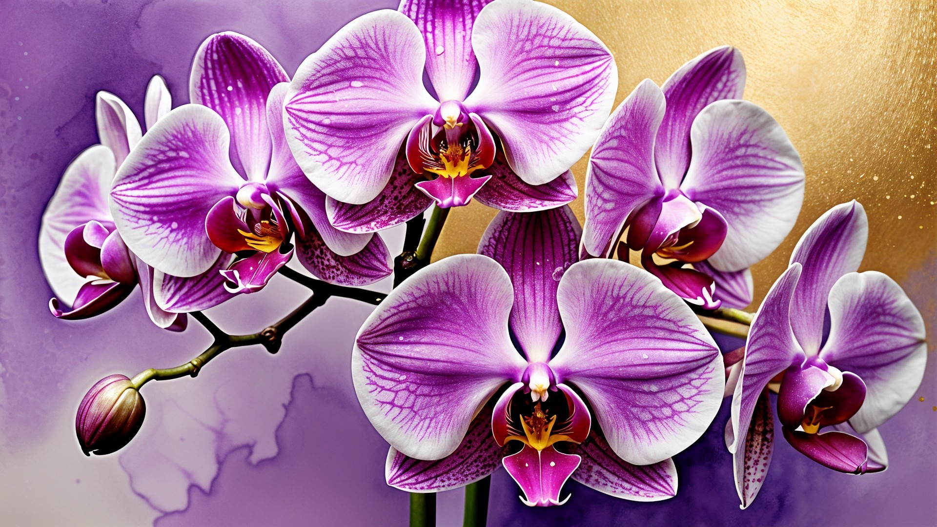 Vibrant Purple Orchids Against a Golden Backdrop