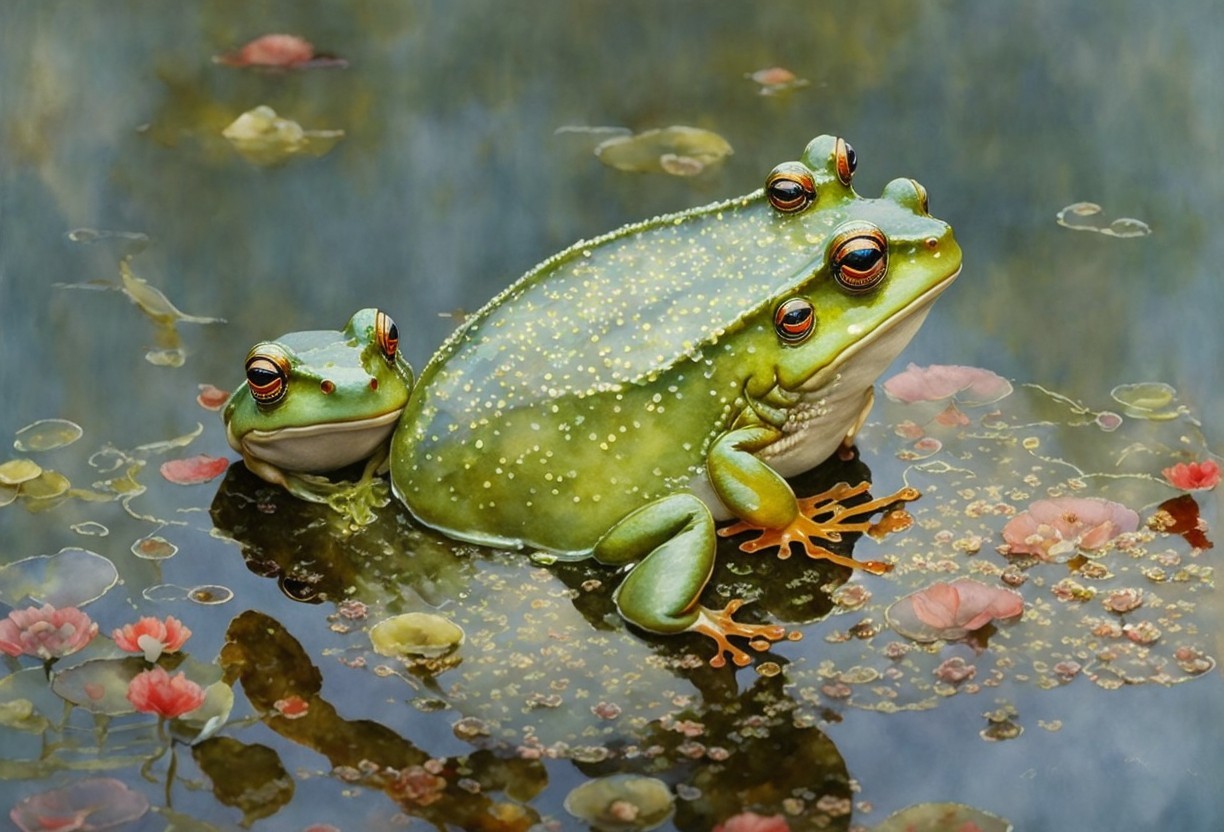 Vibrant Frogs on Lily Pads in a Serene Pond Scene