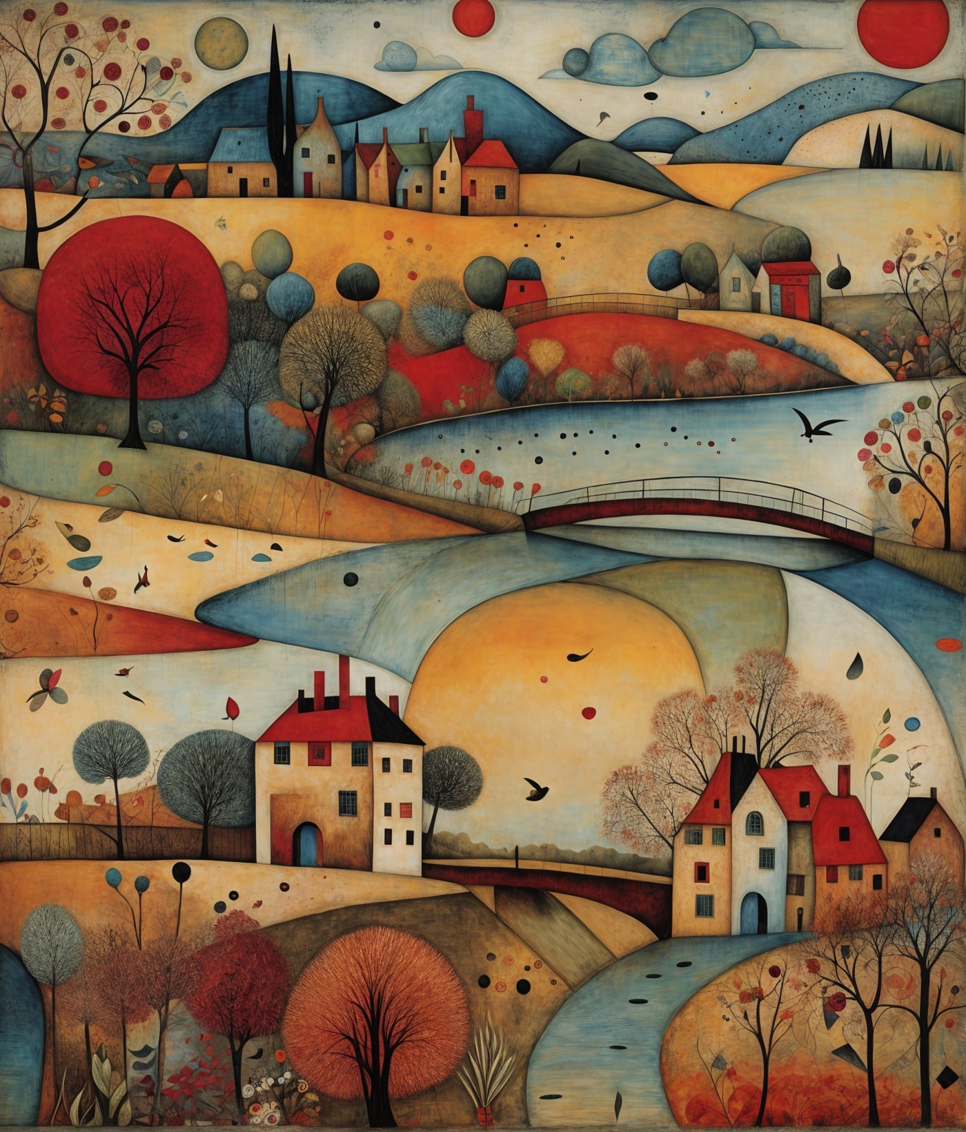 Whimsical Landscape with Vibrant Trees and River