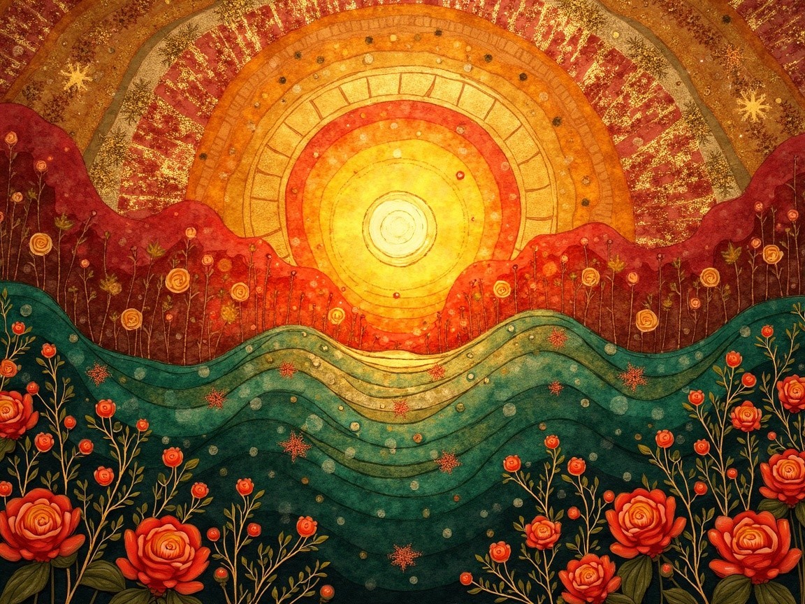 Vibrant Surreal Landscape with Radiant Sunrise and Flowers